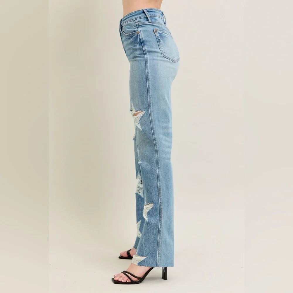 Judy Blue High Waist  Rigid Magic Star Shaped Destroy 90's Straight Jeans - Picture 8 of 9
